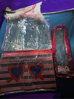 Barbie Pink Clear 3-Piece Cosmetic Bag Set with Feather Trim & Heart Print